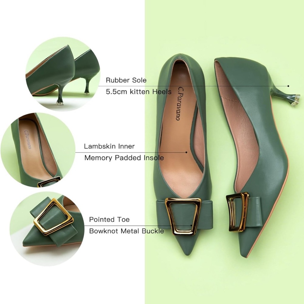 C.Pavarano Green Pointed-Toe Kitten Heels with Bowknot Metal Buckle